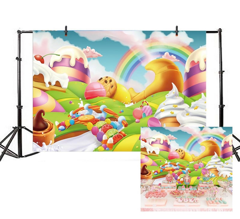 AOFOTO 5x3ft Candyland Backdrop Fantasy Giant Lollipop Candy Land Candy Themed Party Decorations Banner Cartoon Rainbow Ice Cream Dessert Shop Decor Background Kids Baby Birthday Photoshoot Props - Image 2